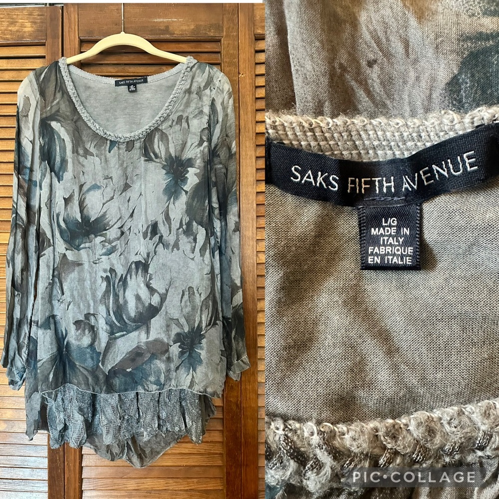 Saks Fifth Avenue silk gray and teal tunic blouse with lace lining size L